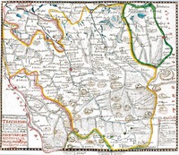 Těšínské knížectví vč. Bílska (hranice zeleně), Frýdecka (hranice červeně) na mapě F. B. Wernera (1750)